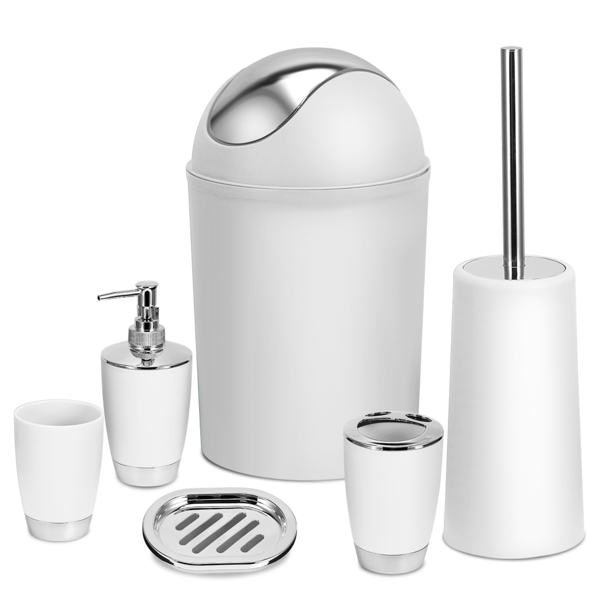Fresh Fab Finds FFF-WHT-GPCT1713 Ensemble Complete Soap Dispenser Toothbrush Holder Tumbler Soap Dish Toilet Cleaning Brush Trash Can Bathroom A