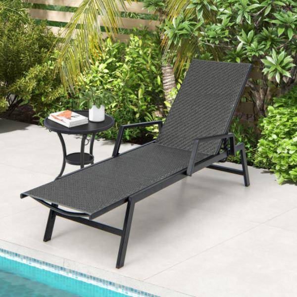 Total Tactic NP11285BN Outdoor Rattan Chaise Lounge Reclining Chair with Armrests & 5-Position Backrest&#44; Brown