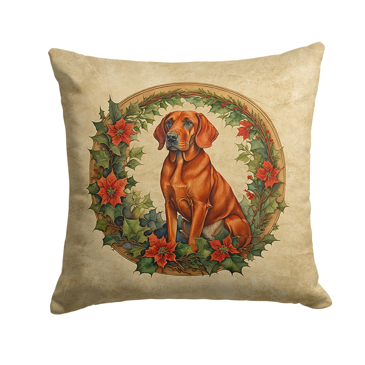 Caroline's Treasures DAC2417PW1414 14 x 14 in. Unisex Red Redbone Coonhound Christmas Flowers Polyester Fabric Throw Pillow