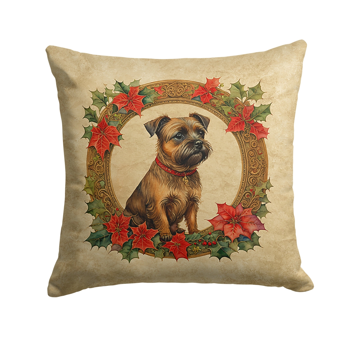 Caroline's Treasures DAC2325PW1818 18 x 18 in. Unisex Border Terrier Christmas Flowers Polyester Fabric Throw Pillow
