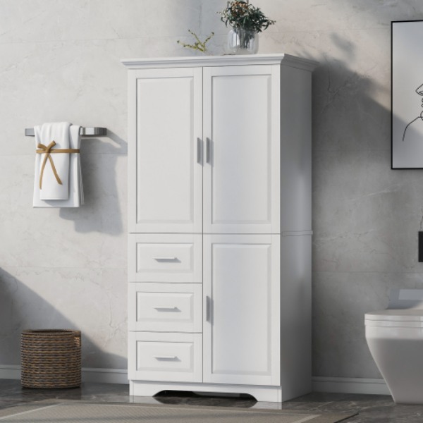 TEMPLETON Tall & Wide Storage Cabinet with Doors for Bathroom & Office Three Drawers&#44; White