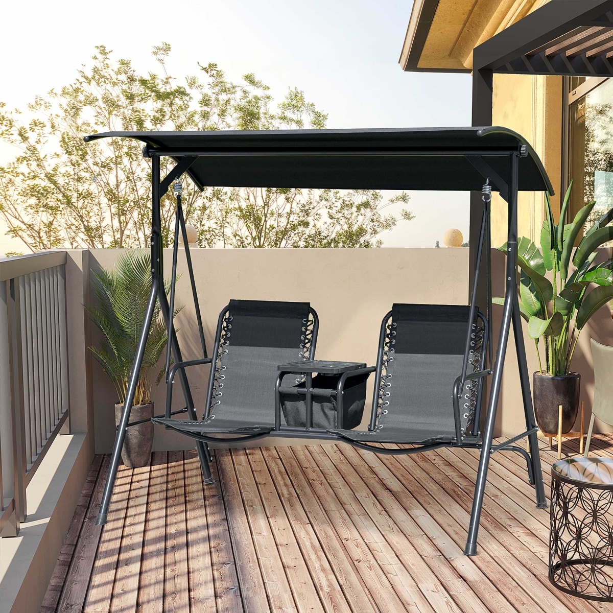 212 Main 84A-141BK Outsunny 2-Person Porch Swing with Canopy&#44; Covered Patio Swing with Pivot Storage Table - Black