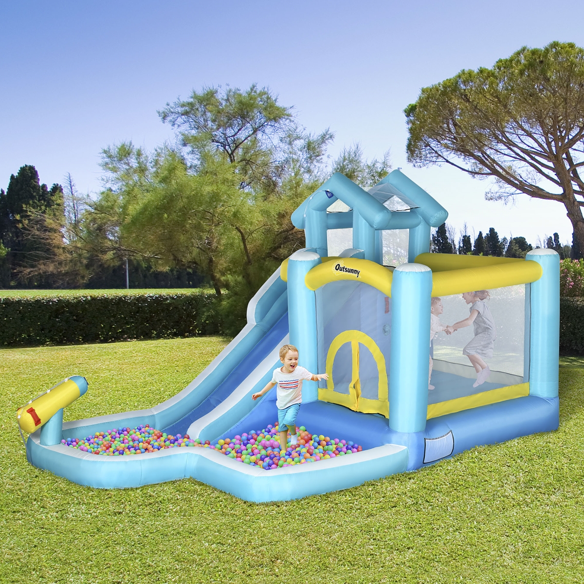 212 Main 342-062V80 Kids Castle Bounce House Includes Slide Trampoline Pool Water Gun Climbing Wall 680W Air Blower Outsunny 5-in-1 Infla