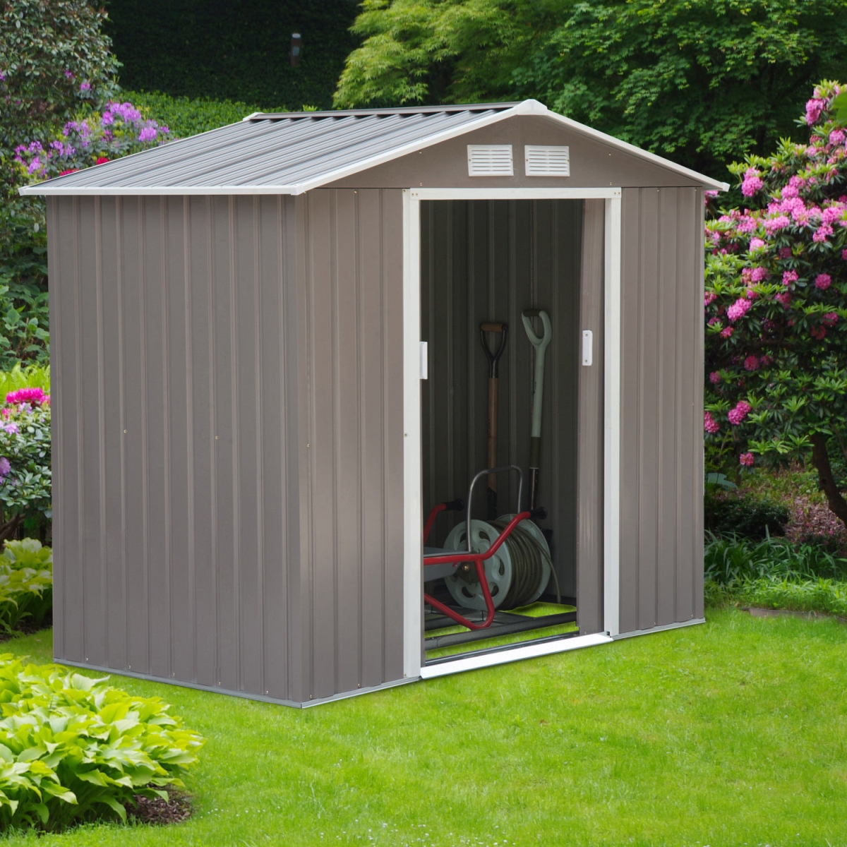 212 Main 845-030GY-1 7 x 4 ft. Outsunny Metal Outdoor Backyard Garden Utility Storage Tool Shed Kit&#44; Gray & White