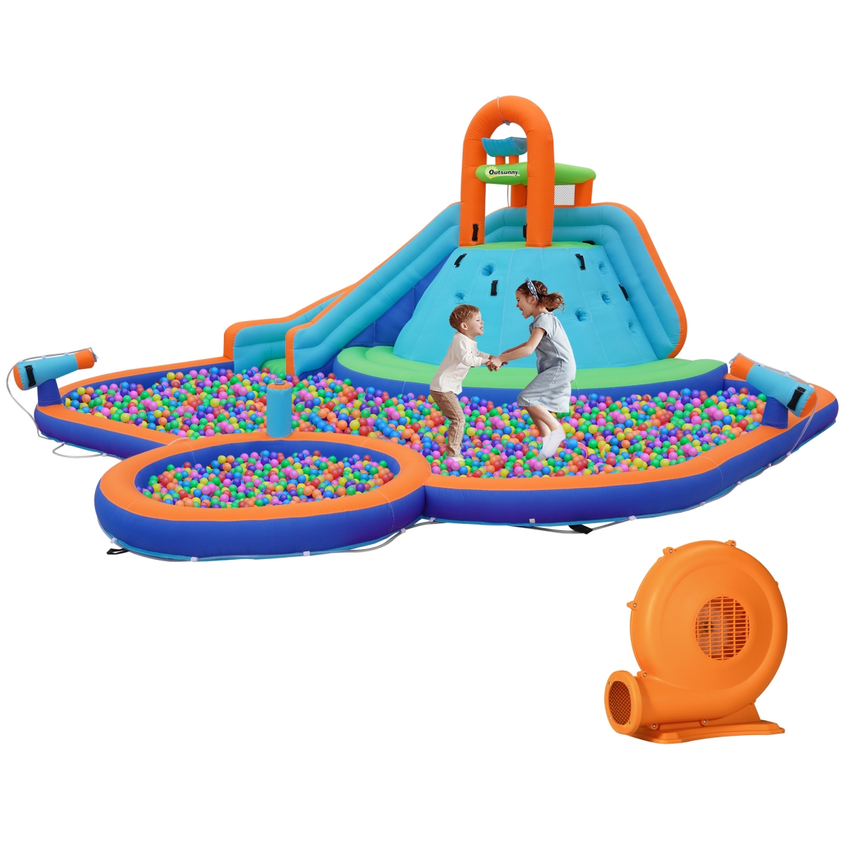 212 Main 346-008V80MX Outsunny 4-in-1 Kids Bounce House with Slide&#44; Pool&#44; Climbing Wall&#44; Water Cannon&#44; Blower & Carrying