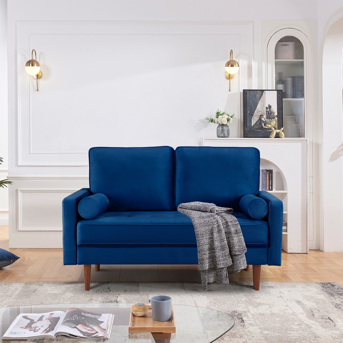 Moootto IF0003-01101-SS2788V-BU2S 57.1 in. Upholstered Blue Square Armrest Tufted Sofa Loveseat&#44; Mid-Century Contemporary Casual Vel