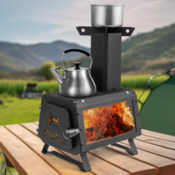 Total Tactic NP11456 Portable Wood Camping Burning Stove Heater with 2 Cooking Positions&#44; Black