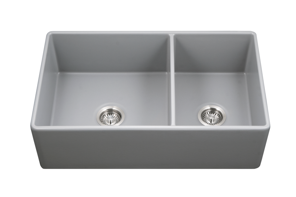 Houzer PTD-6040 GR 33 in. Platus Series Fireclay Dual Mount Undermount or Apron-Front 60-40 Double Bowl Sink with Small Right Bowl&#44;