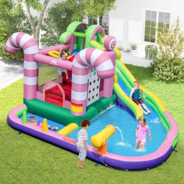 Total Tactic NP11066 9-in-1 Inflatable Sweet Candy Water Slide Park&#44; Pink & Green