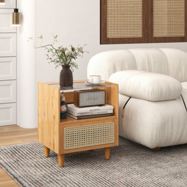 Total Tactic HU10554NA-2 2 Piece Bamboo Rattan Nightstand with Drawer & Solid Wood Legs&#44; Natural