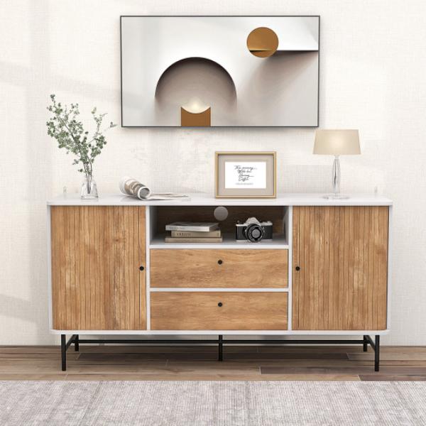 Total Tactic JV11102WH Mid Century Modern Buffet Sideboard with Sliding Tambour Doors & 2 Storage Drawers&#44; White