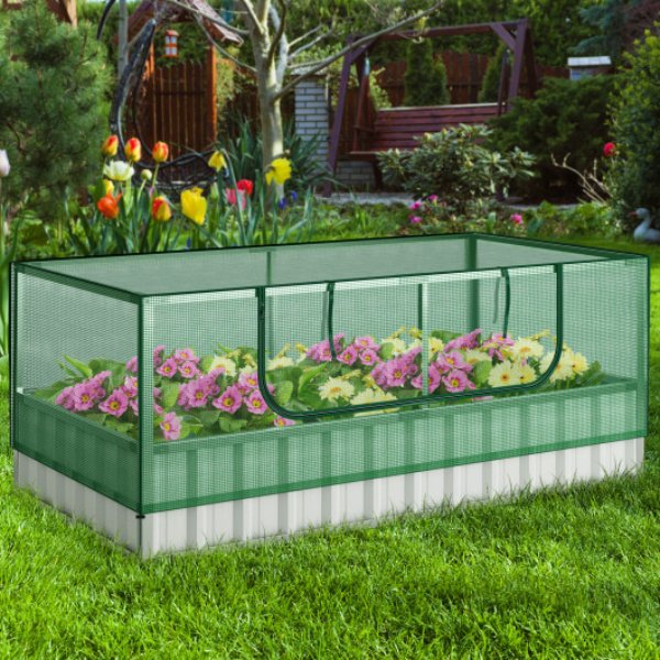 Total Tactic GT4107 Galvanized Raised Garden Bed with Greenhouse Cover&#44; Green & Silver