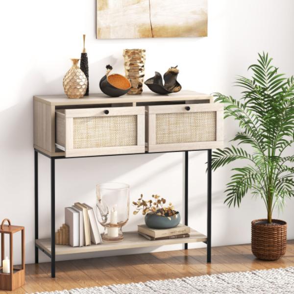 Total Tactic JV11417OK Rattan Console Table Boho Entryway Table with 2 Rattan Drawers & Open Storage Shelf&#44; Oak