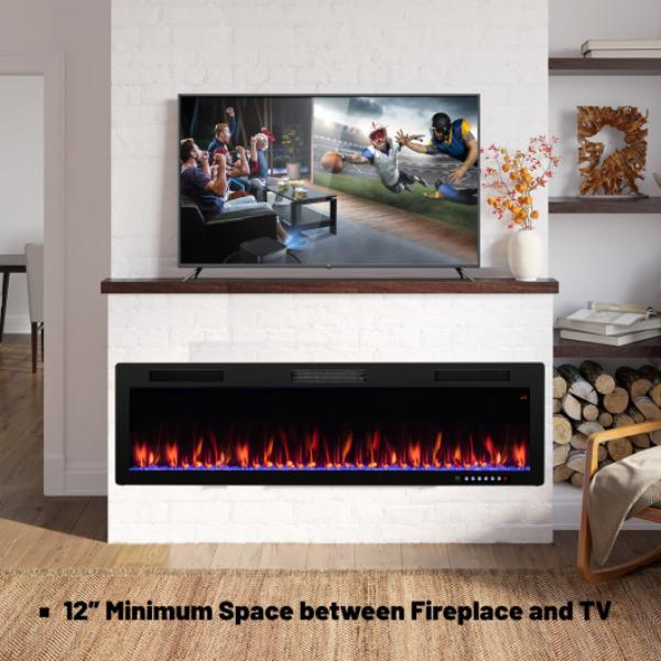 Total Tactic FP10165 60 in. Electric Fireplace Recessed & Wall Mounted for 2 x 6 ft. Stud&#44; Black