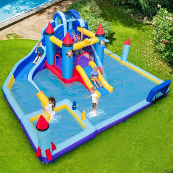 Total Tactic NP11126-ES10046US Rocket Theme Inflatable Water Slide Park with 1100W Blower