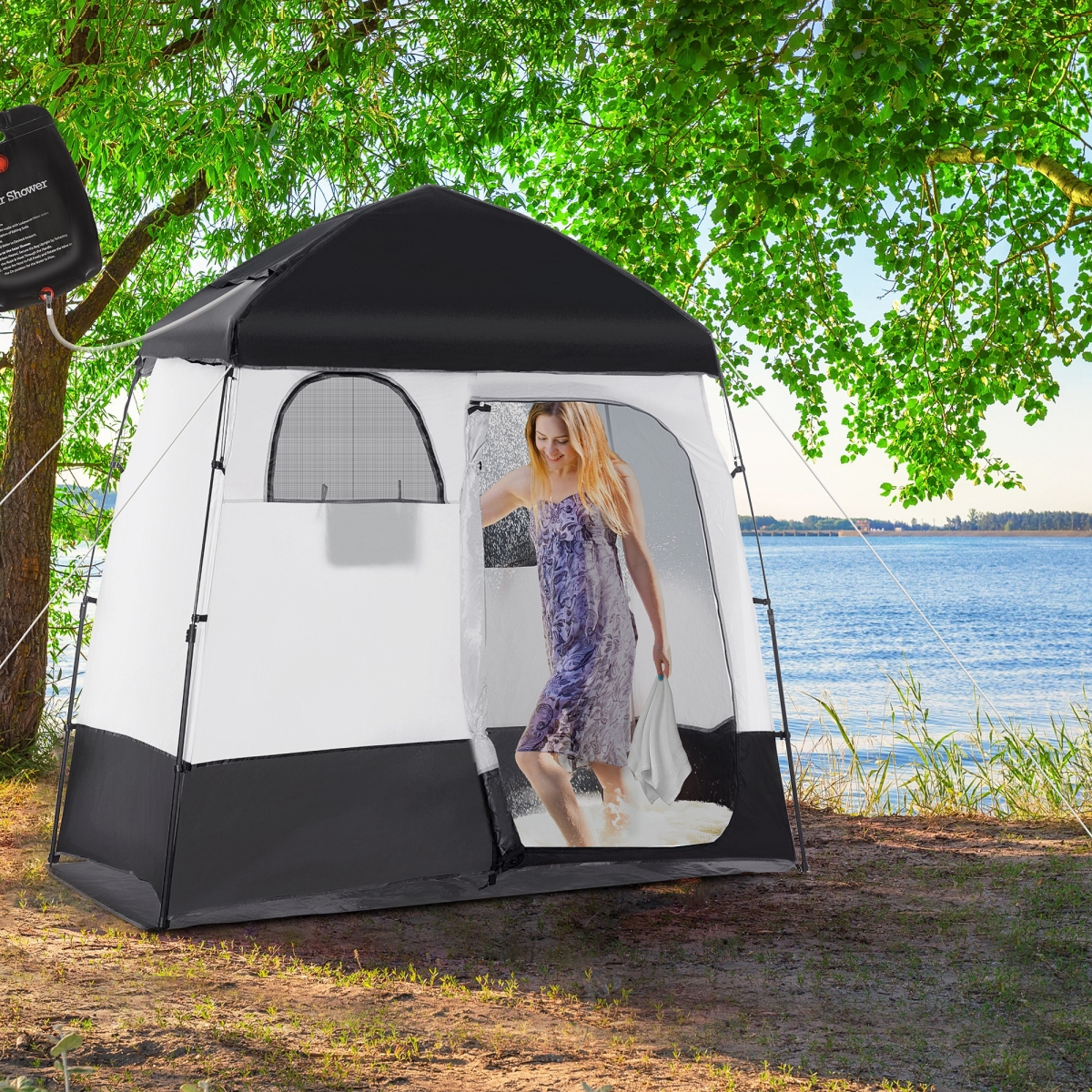 212 Main A20-224BK Outsunny Pop Up Shower Tent with Two Rooms & Shower Bag Floor for 2 Person&#44; Black