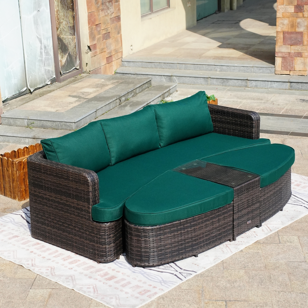 DIRECT WICKER PAL-1202-Green 4-Piece Patio Brown Wicker Daybed Set With Side Table&#44;Green Cushion Cover