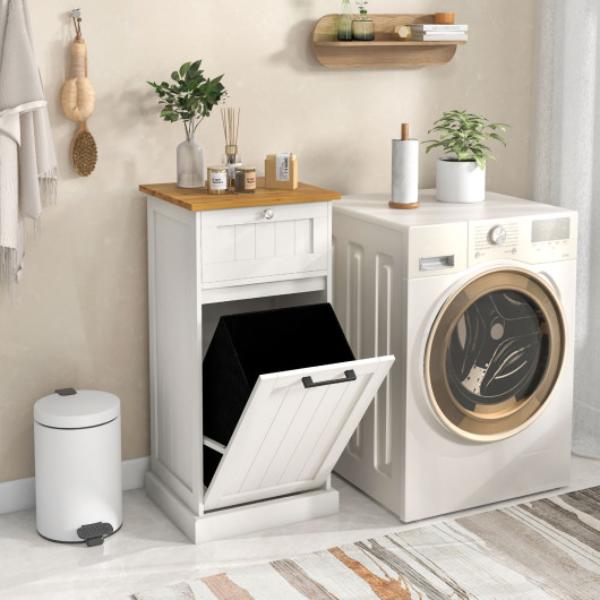 Total Tactic HV10425WH Freestanding Tilt Out Laundry Cabinet with Basket&#44; White