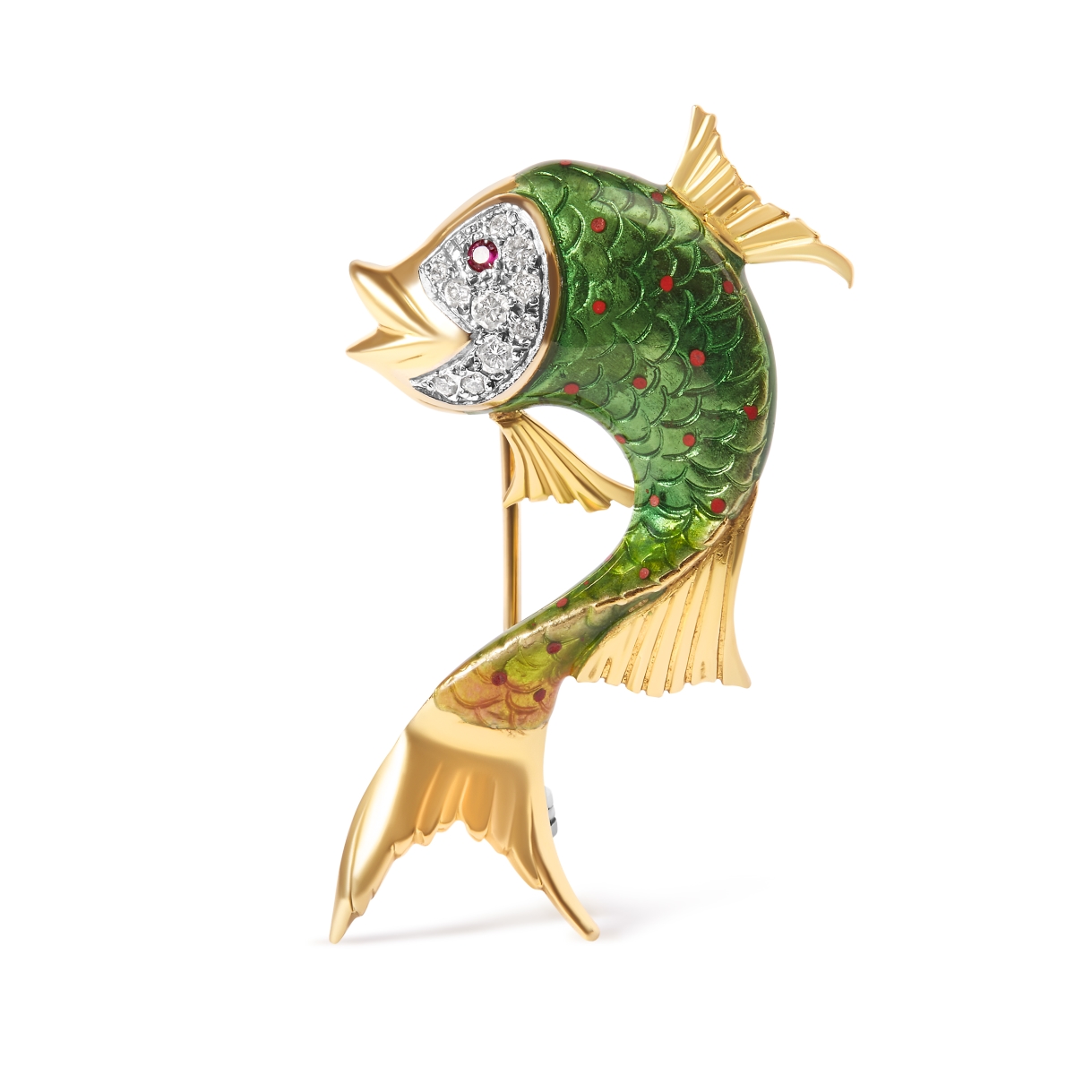 Infinite Jewels 021324ID19 18K Yellow Gold & Green Enamel Diamond & Pink Sapphire Fish Brooch Pin&#44; H-I Color - VS2-SI1 Clarity