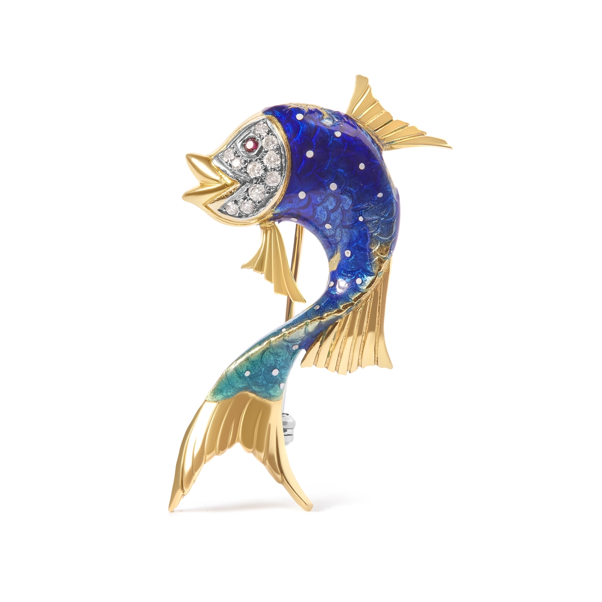 Infinite Jewels 021323ID19 18K Yellow Gold & Blue Enamel Diamond & Pink Sapphire Fish Brooch Pin&#44; H-I Color - VS2-SI1 Clarity
