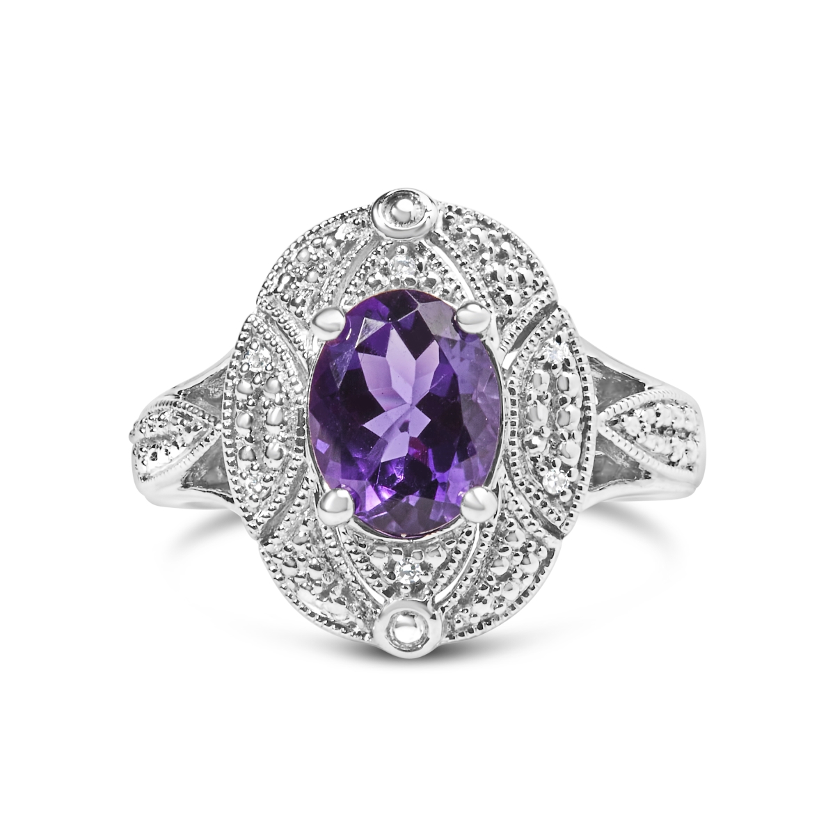 Infinite Jewels 021838R700 White .925 Sterling Silver 9 x 7 mm Oval Purple Amethyst & Diamond Accent Art Deco Style Cocktail Ring&#44; I-J Color