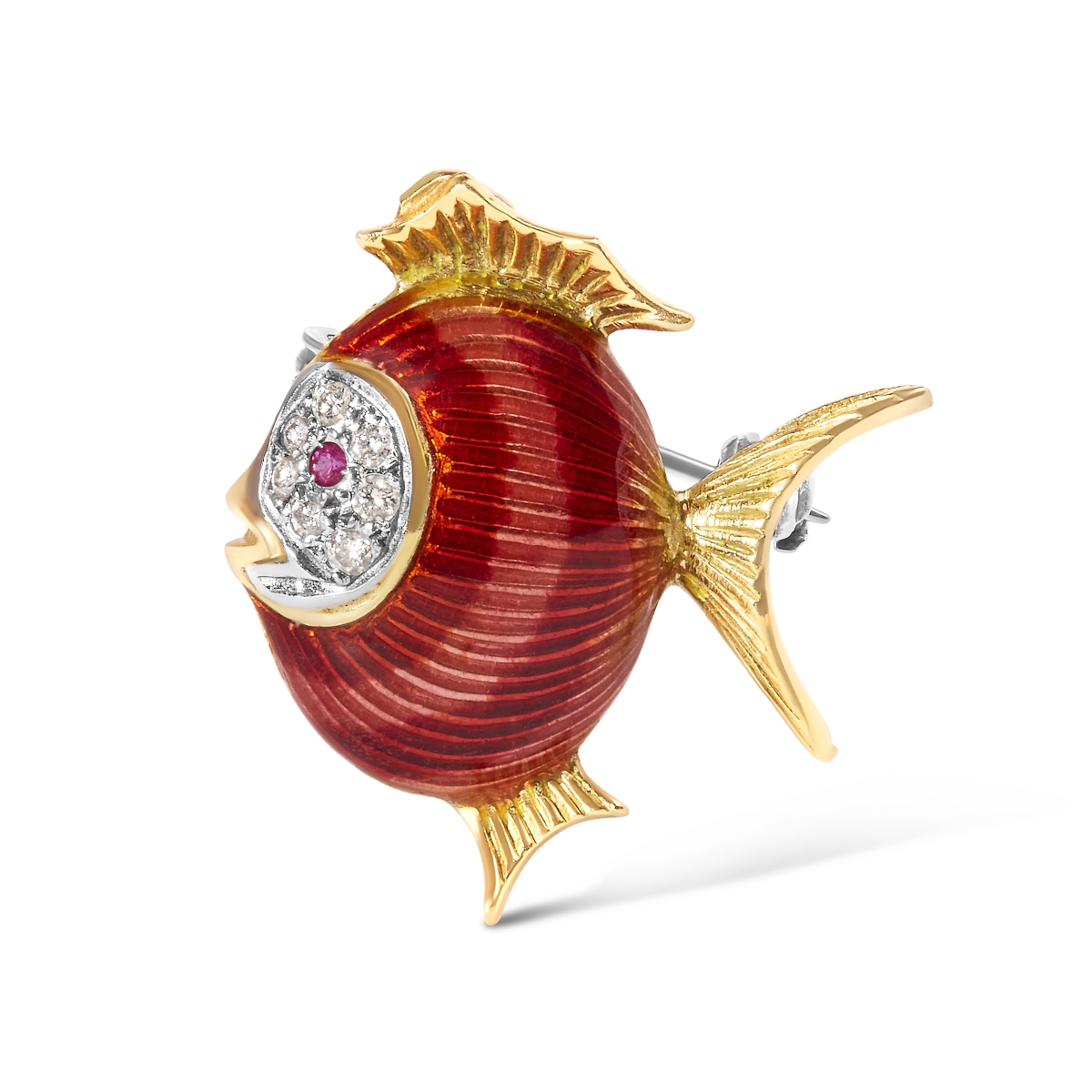 Infinite Jewels 021333ID19 18K Yellow Gold Diamond & Pink Sapphire Parrot Fish Red Enamel Brooches Pins&#44; H-I Color - VS2-SI1 Clarity