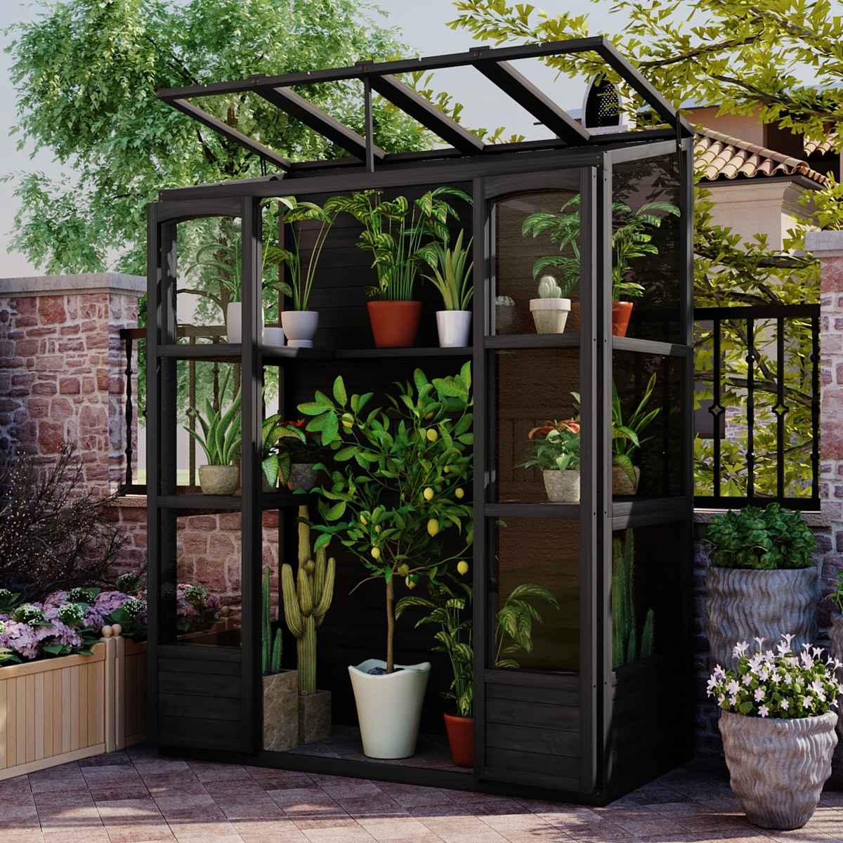 DIRECT WICKER UBS-SP100017AAB 78-inch Wooden Walk-in Outdoor Greenhouse Cold Frame with 4 Independent Skylights&#44; Black