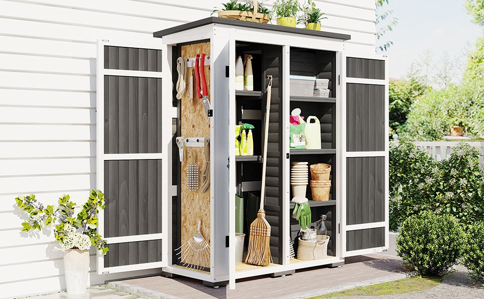 DIRECT WICKER UBS-SP100016AAE Outdoor Wood Storage Shed&#44; Garden Cabinet with Waterproof Asphalt Roof&#44; Doors and Multiple-tier Shelves