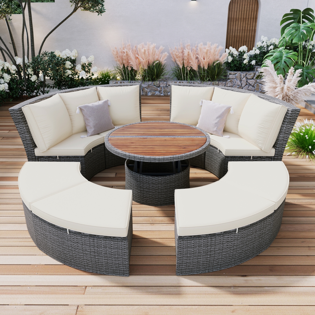 DIRECT WICKER UBS-SP100022AAA 5-Piece Patio PE Wicker Sunbed Daybed Sectional Sofa Set with Round Liftable Table and Washable Cushions&#44;Bei