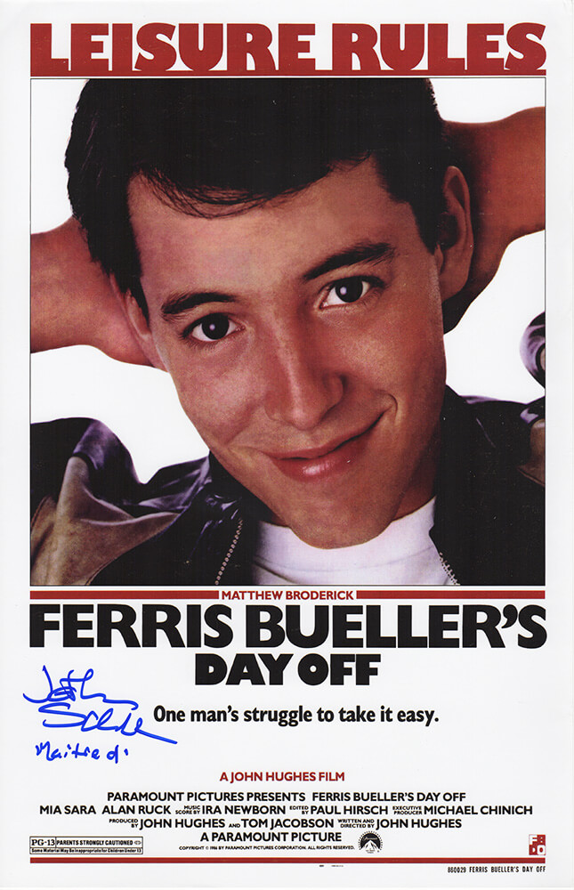 Schwartz Sports Memorabilia SCHPST510 Jonathan Schmock Signed Ferris Bueller s Day Off 11 x 17 in. Movie Poster with Maitre D Inscription