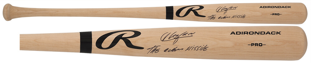 Schwartz Sports Memorabilia CHABAT111 Aroldis Chapman Signed Rawlings Pro Blonde Baseball Bat with Cuban Missile Inscription