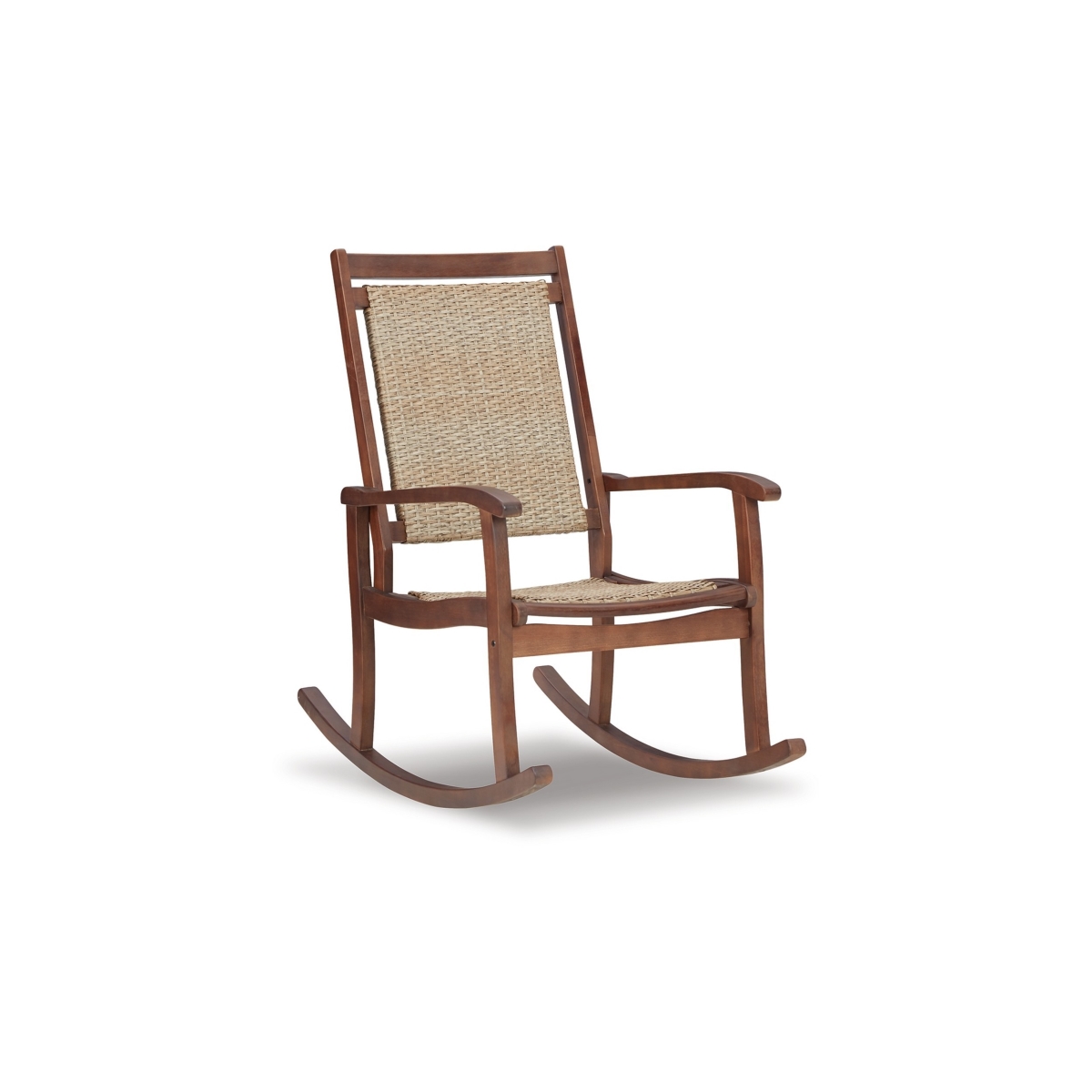 Benjara BM311596 40.5 x 38 x 24 in. Emin Rocking Chair with Outdoor Resin Wicker Seat&#44; Brown Wood Frame