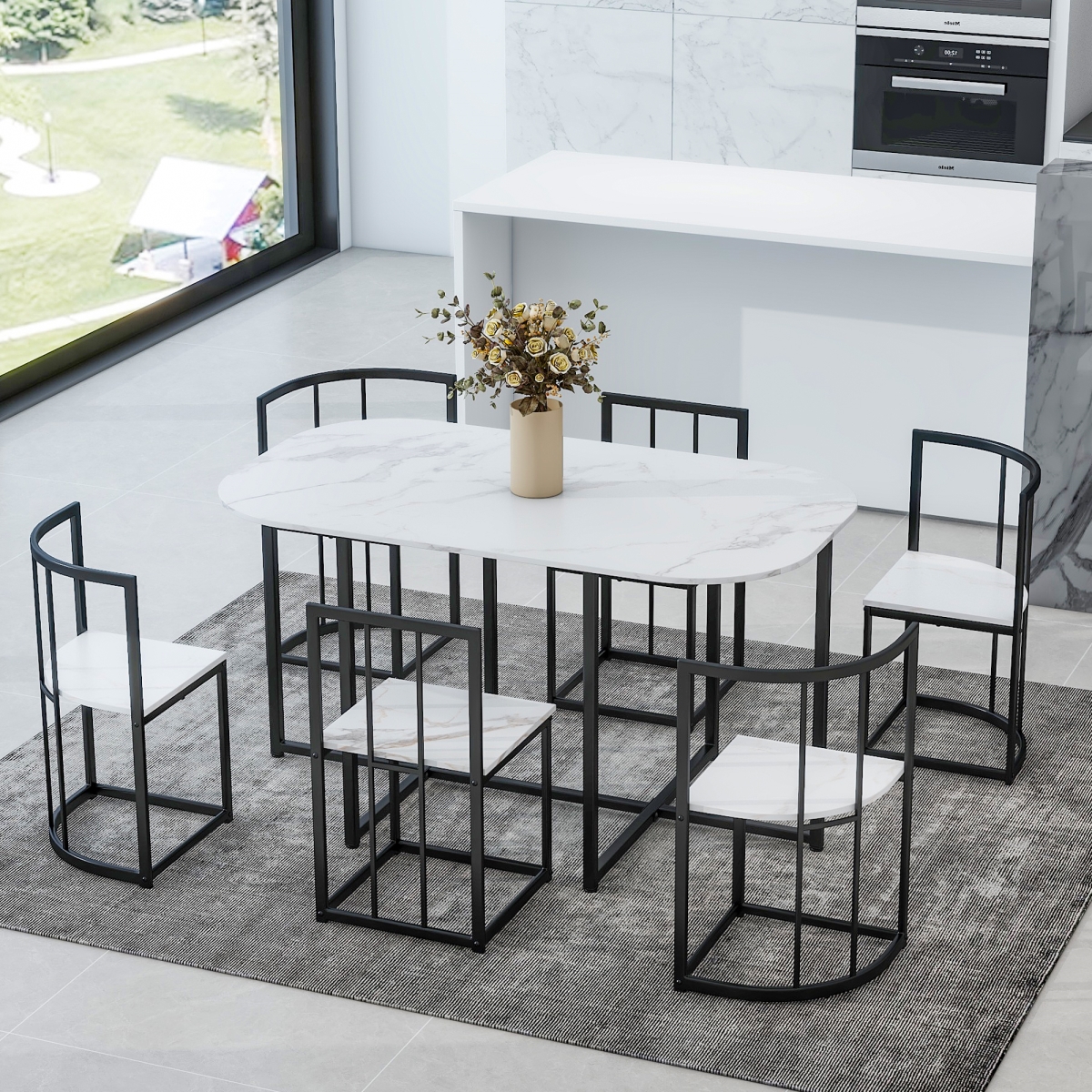 DIRECT WICKER UBS-SP000017AAB  Modern 7-Piece Dining Table Set with Faux Marble Compact 55Inch Kitchen Table Set for 6