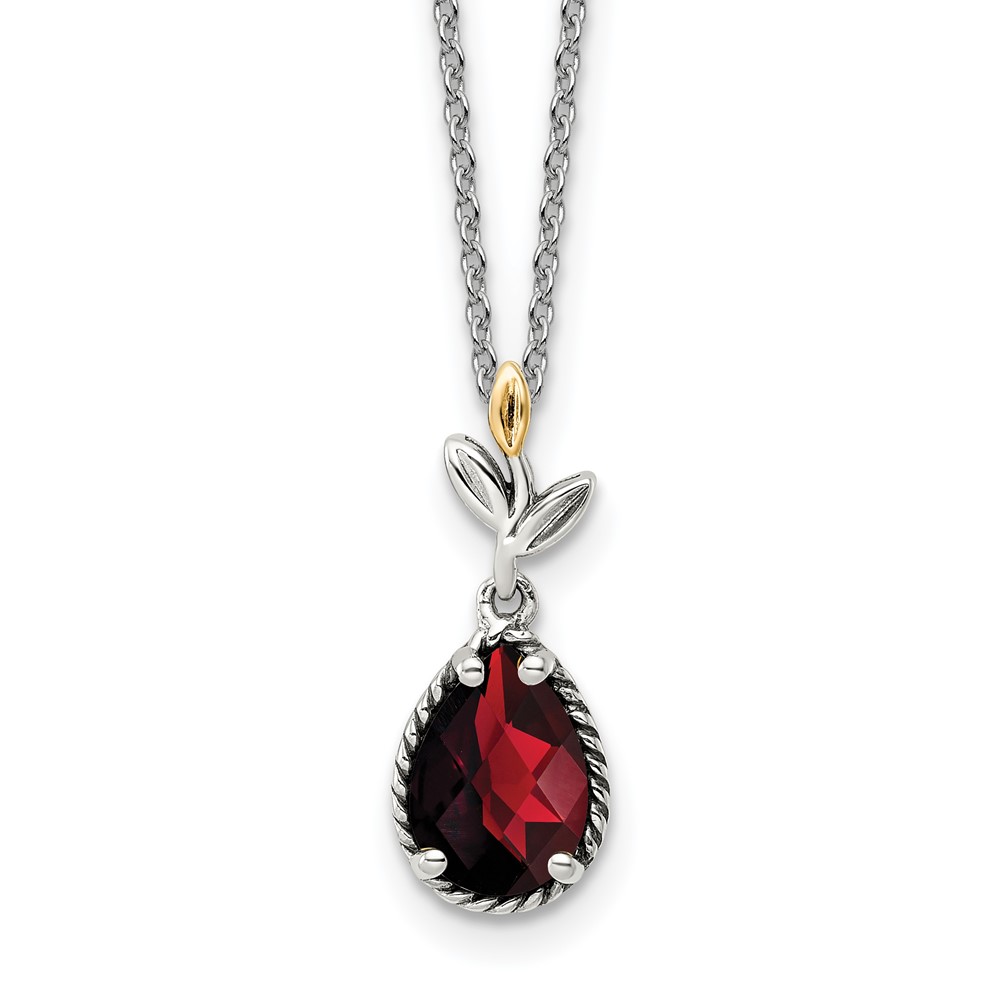 Bagatela 14K Sterling Silver Two-Tone with Leaf 1.95GA Garnet Dangle with 2 in. Extension Necklace