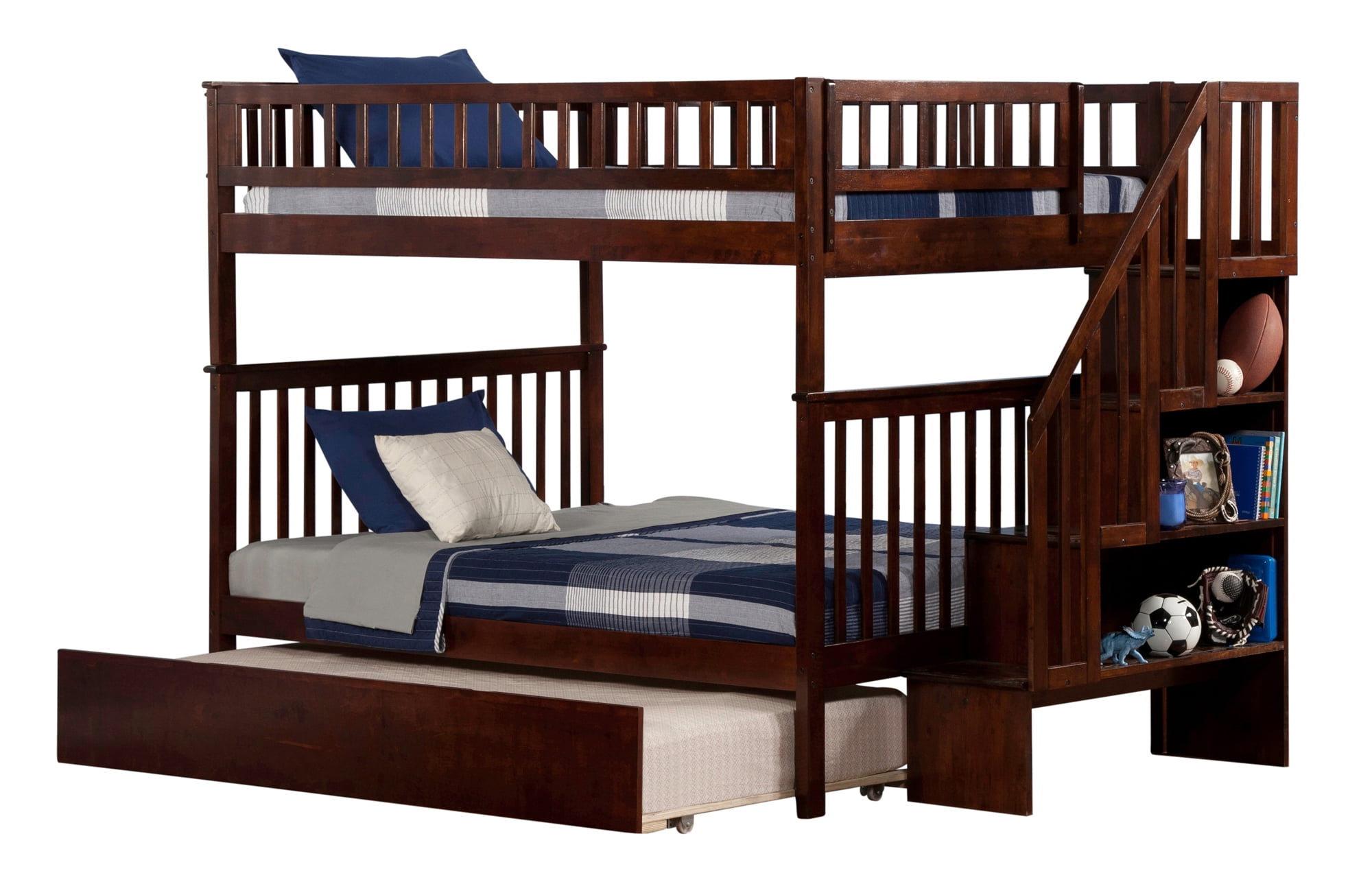 Atlantic AB56854 Woodland Staircase Bunk Bed with Urban Lifestyle Trundle, Antique Walnut - Full & Full