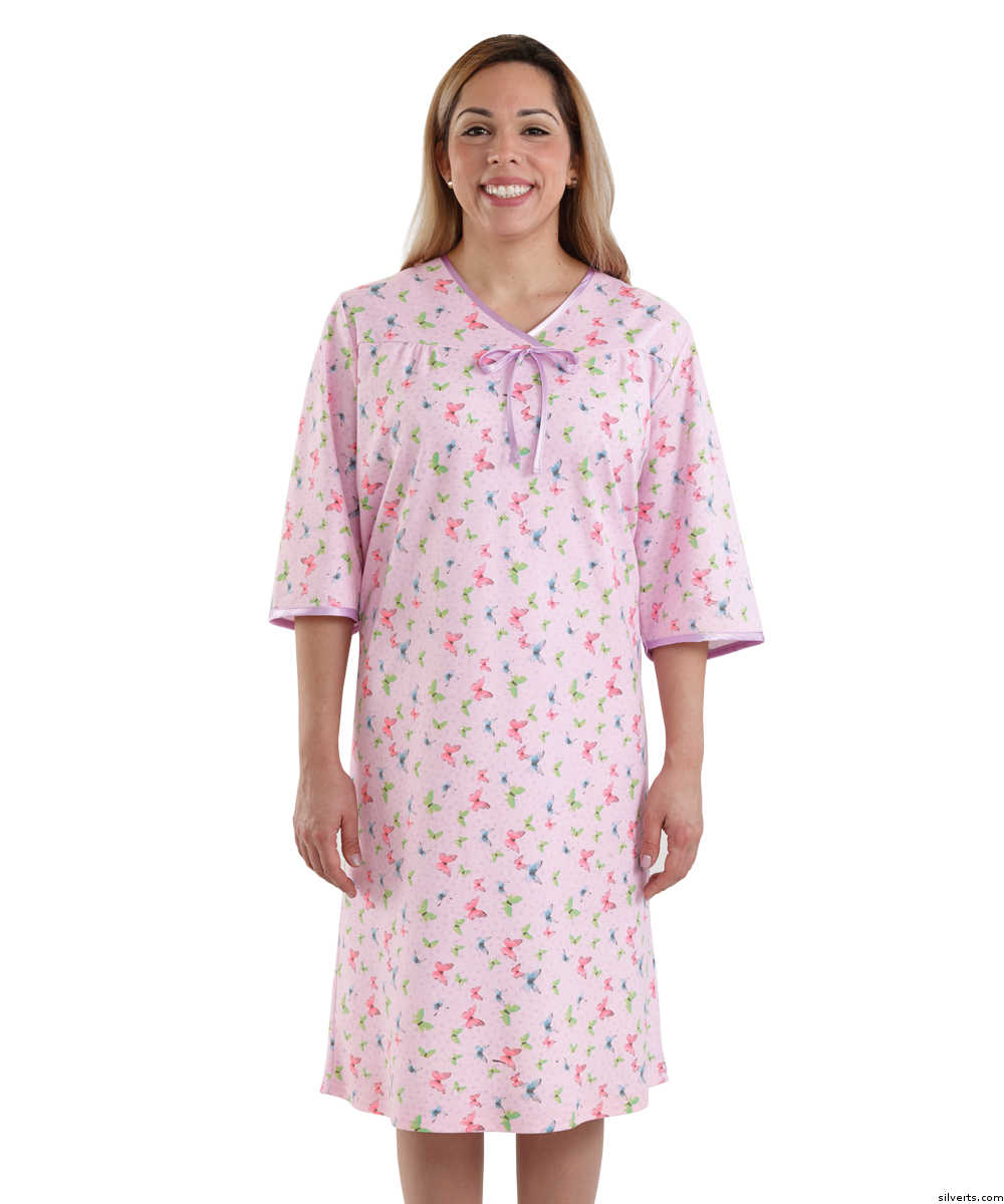 Silverts 260000702 Open & Snap Back Hospital Knit Adaptive Pattern Soft Cotton Night Gowns for Women - Medium - Lavender