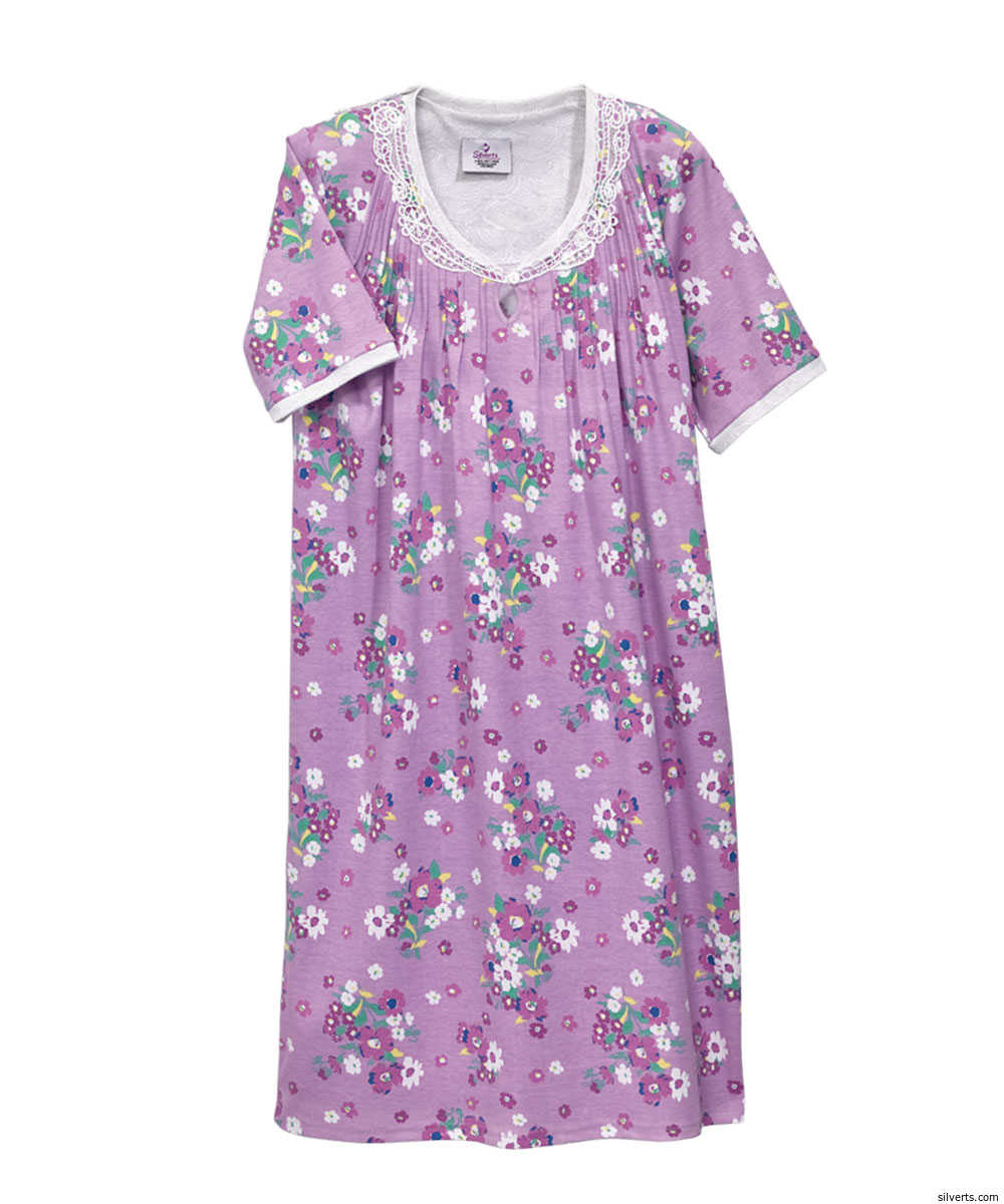 Silverts 262801302 Women Adaptive Open Back Pretty Hospital Nightgowns&#44; Lilac Floral - Medium