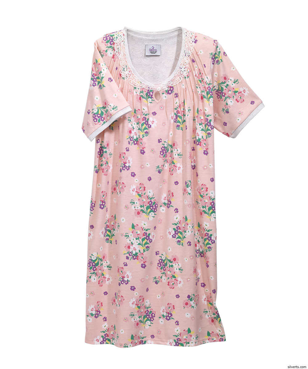 Silverts 262801401 Women Adaptive Open Back Pretty Hospital Nightgowns&#44; Pink Floral - Small