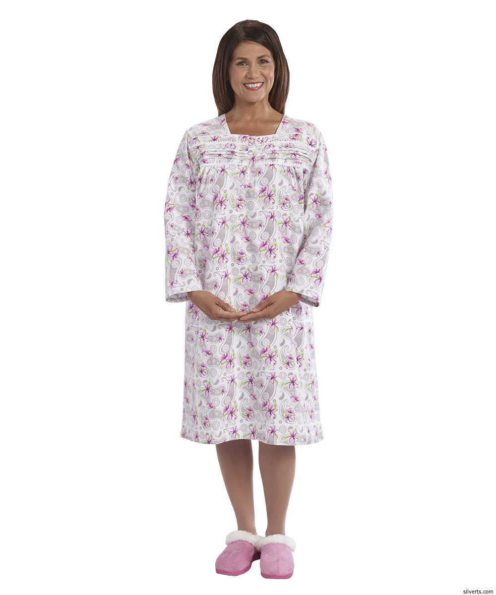 Silverts 263000602 Womens Pretty Flannel Long Sleeve Hospital Patient - Flannelette Open Back Nightgowns&#44; Floral Paisley - Medium