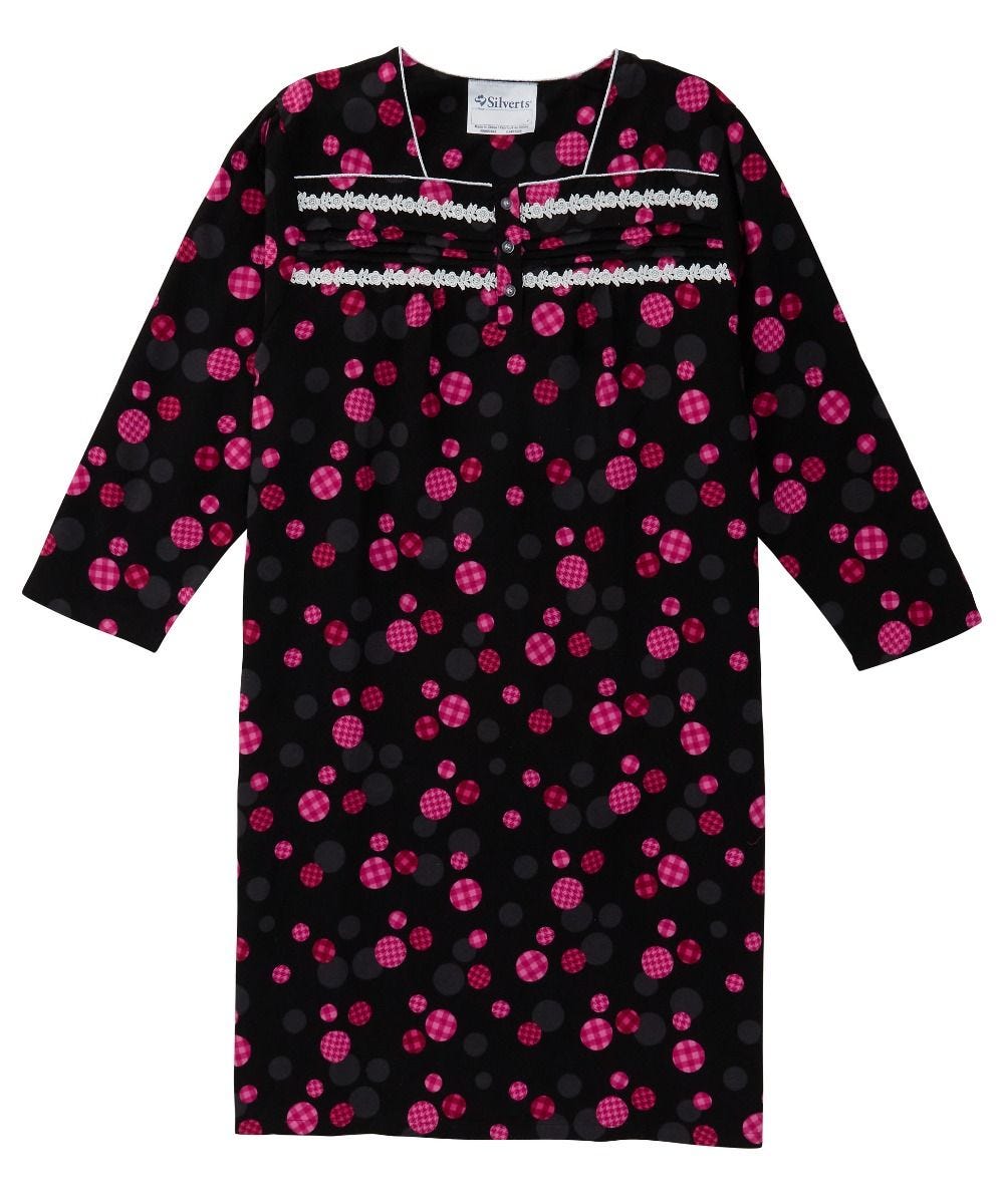 Silverts 263000703 Womens Long Sleeve Flannel Open Back Hospital Patient Night Gown&#44; Large - Black Dot