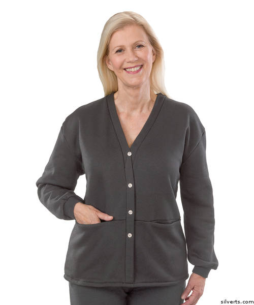 Silverts 232501003 Womens Open Back Adaptive Fleece Cardigan with Pockets&#44; Grey - Medium