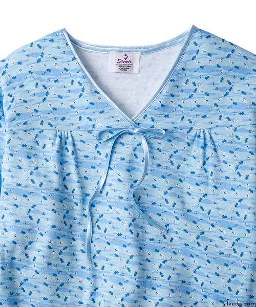 Silverts 260002301 Womens Hospital Gowns Soft Cotton Knit Adaptive Pattern - Open Back Snap Night Gown&#44; Blue Goldfish - Small