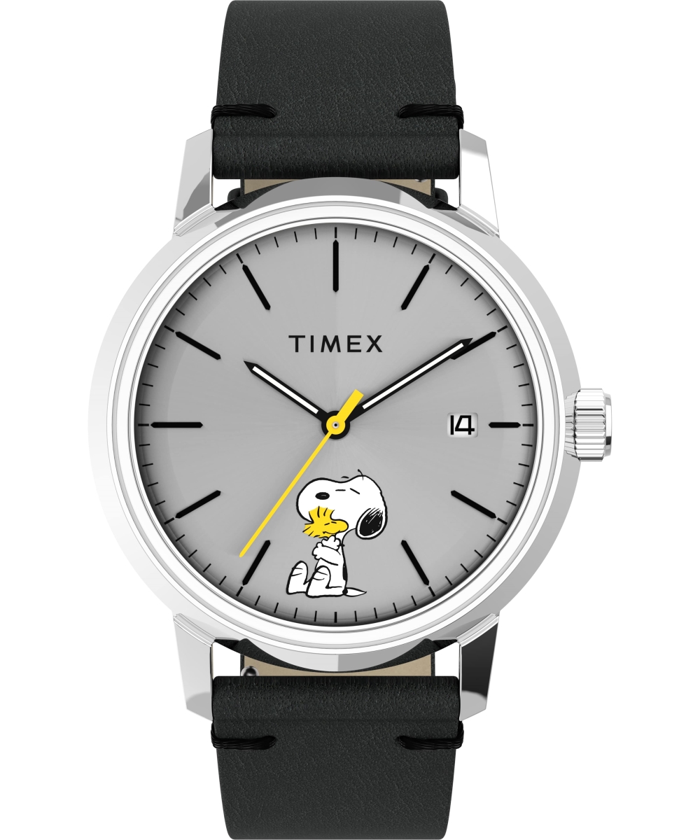 Timex TW2U85800 40 mm X Peanuts Featuring Snoopy & Woodstock Leather Strap Watch - Black