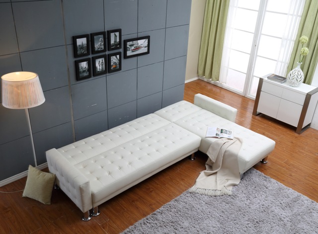 Thy Hom 2 Piece Marsden Tufted Bi Cast Leather Sectional Sofa Bed White