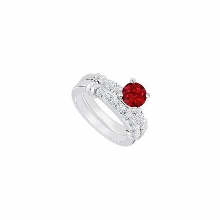 Fine Jewelry Vault UBJS364ABW14DRRS5.5 14K White Gold Ruby & Diamond Engagement Ring with Wedding Band Set&#44; 0.75 CT - Size 5.5