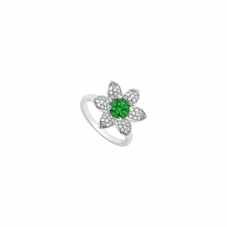 Fine Jewelry Vault UBJS3197AW14DE 14K White Gold Flower Design Green Natural Emerald & Diamond Ring - 1.25 CT&#44; 60 Stones