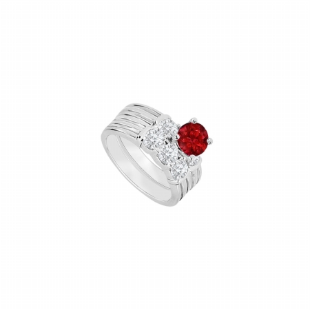Fine Jewelry Vault UBUJS183ABAGCZR 925 Sterling Silver Created Ruby & CZ Engagement Ring With Wedding Band Set - 1.10 CT&#44; 2 Stones