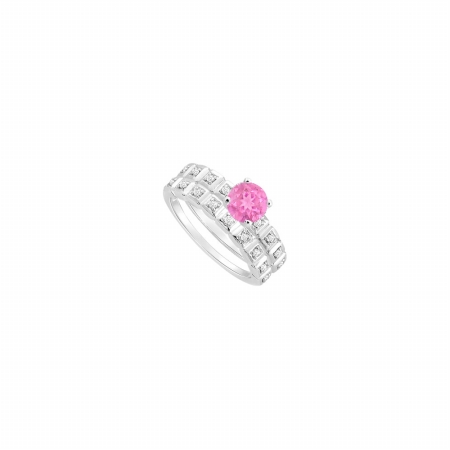 Fine Jewelry Vault UBJS3047ABW14DPS-110RS5 Pink Sapphire & Diamond Engagement Ring with Wedding Band Set 14K White Gold&#44; 0.50 CT - Size 5