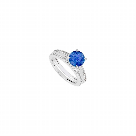 Fine Jewelry Vault UBUJS1425ABW14CZS 14K White Gold Blue Created Sapphire CZ Engagement Ring With Wedding Band Sets - 1.2 CT