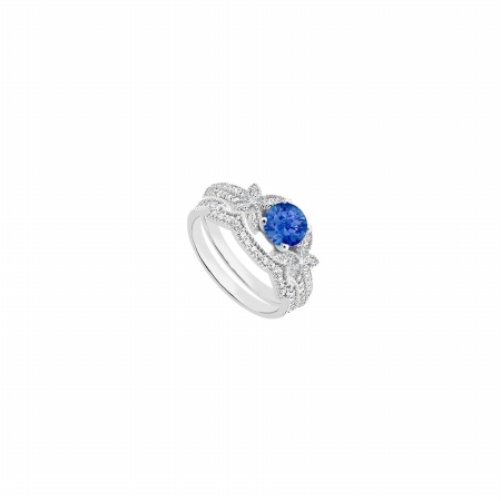 Fine Jewelry Vault UBJS3308ABW14DS Diamond & Blue Sapphire Engagement Ring With Diamond Bands in 14K White Gold - 1.10 CT TGW &#44; 36 Stones
